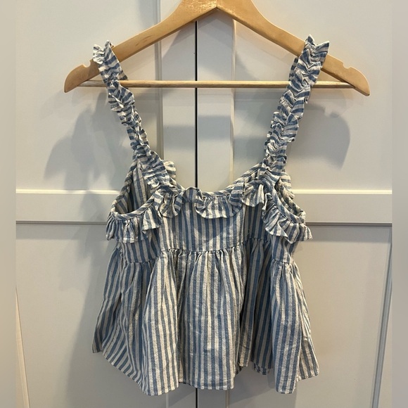 Zara TRF Collection Blue & White Pom Pom Boho V Neck Striped Cropped Top Sz. XS - Picture 3 of 5